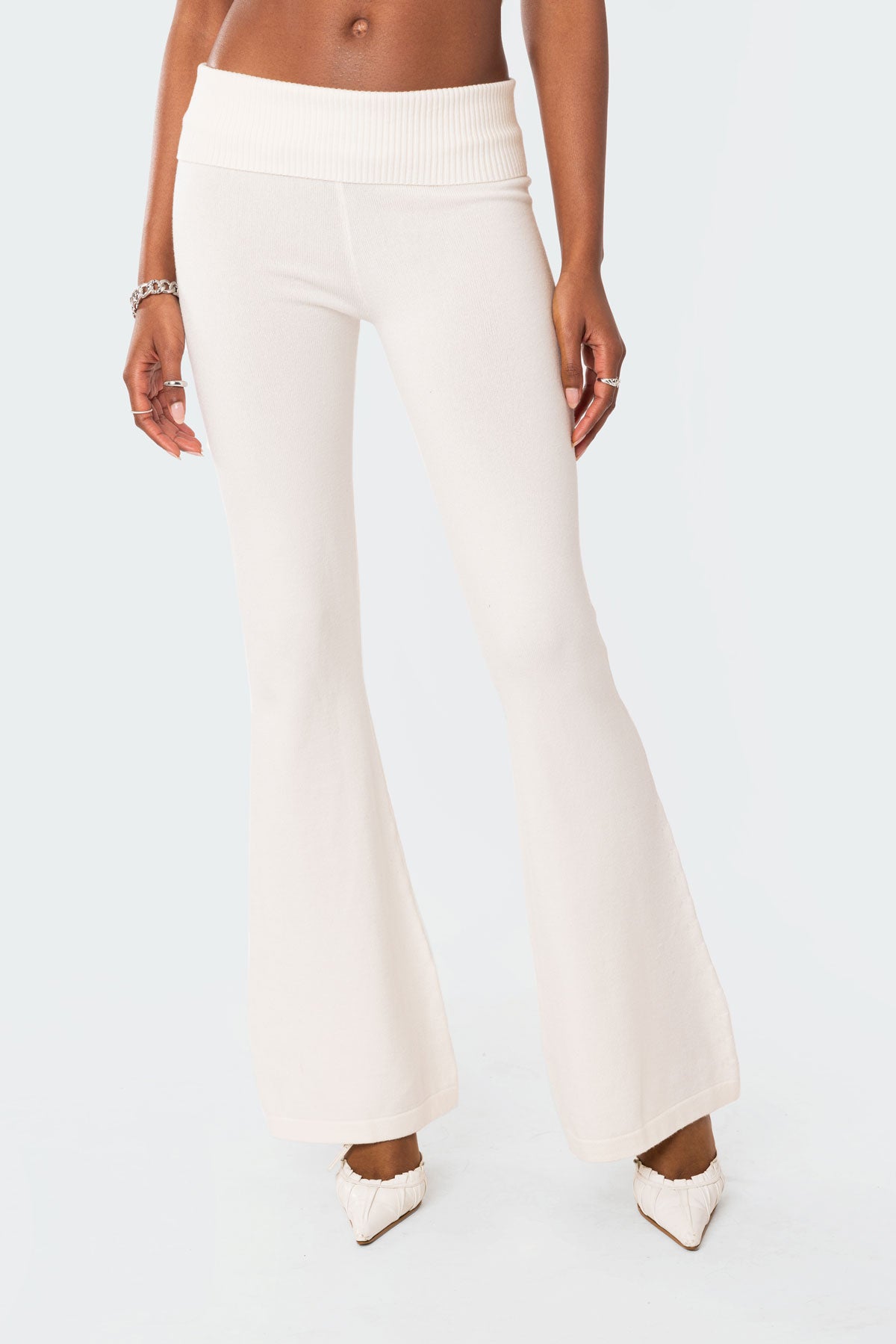 Desiree Knitted Low Rise Fold Over Pants - WHITE