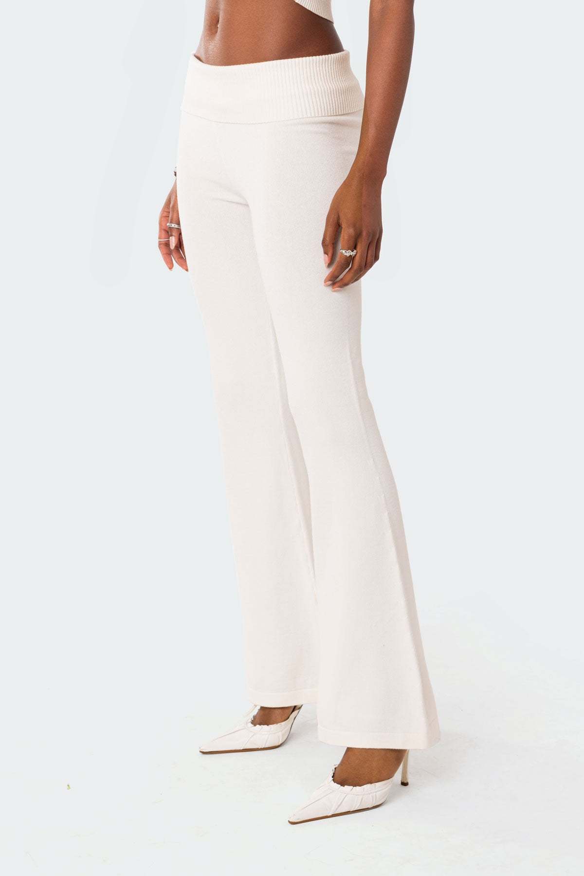 Desiree Knitted Low Rise Fold Over Pants - WHITE