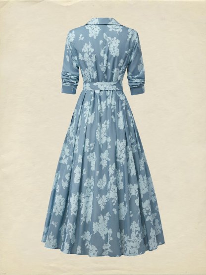 Midi Linen Dress , Half Sleeve, Shawl Collar, Floral, Button Design, Vintage, Blue - Blue