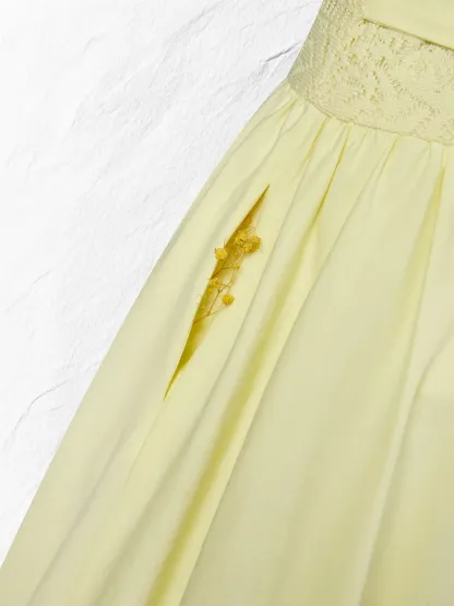 Midi Cotton Dress, Sleeveless, Round Neck, Plain, Lace, French Vintage, Light Yellow - Light Yellow