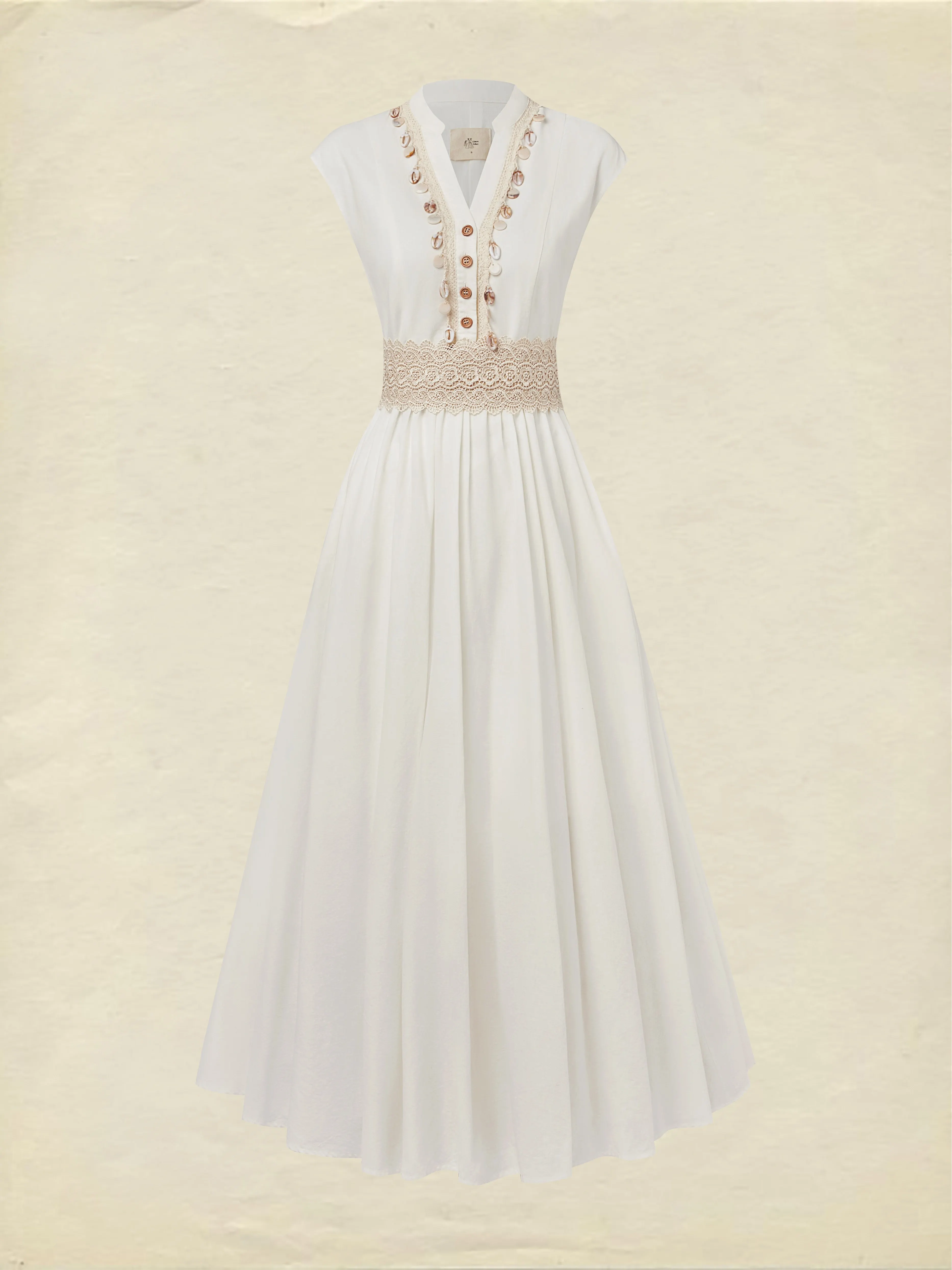 Maxi Linen Dress , Cap Sleeves, V Neck, Plain, Lace, Vintage, White - White