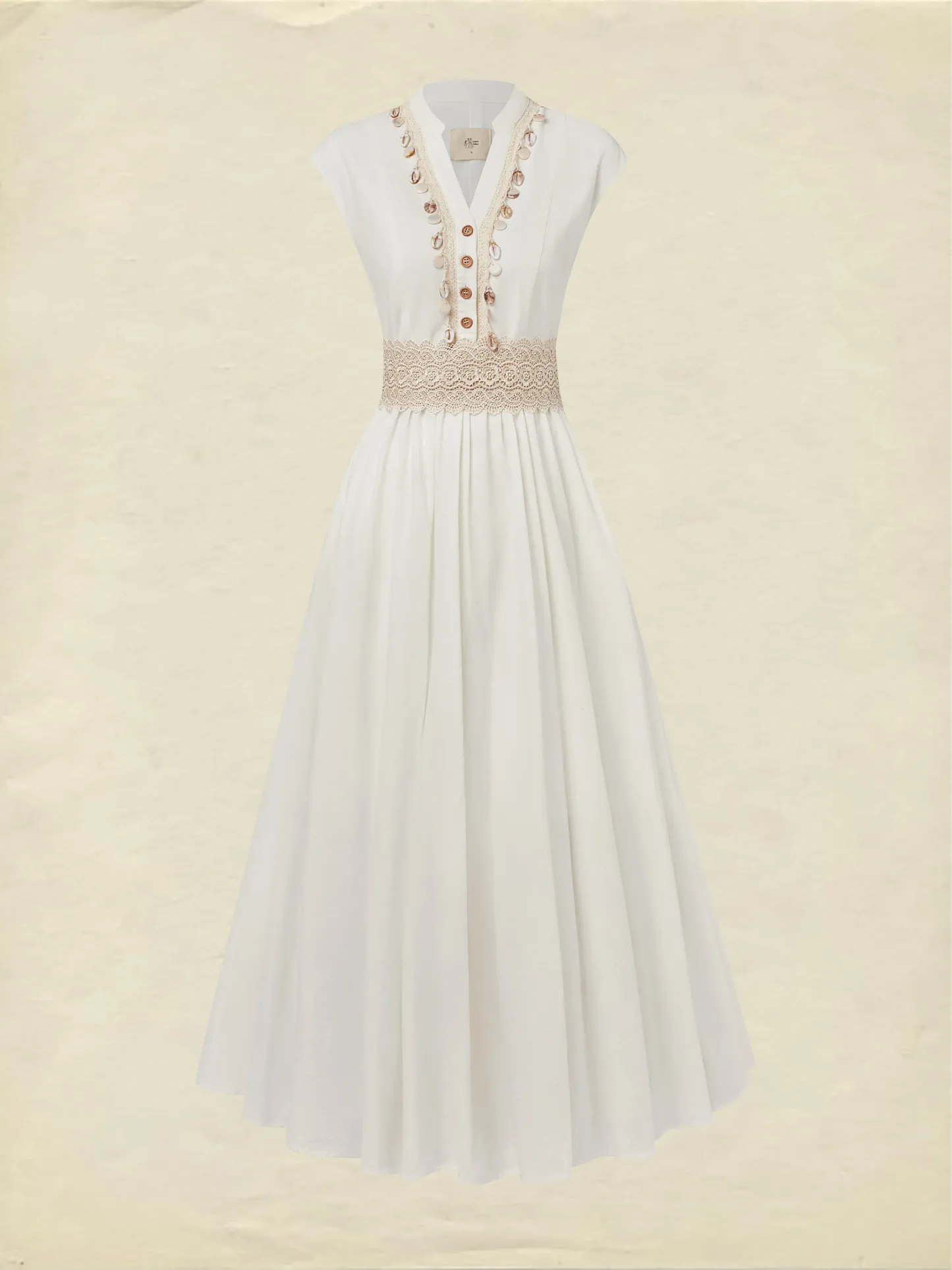 Maxi Linen Dress , Cap Sleeves, V Neck, Plain, Lace, Vintage, White - White
