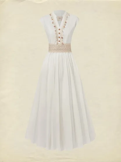 Maxi Linen Dress , Cap Sleeves, V Neck, Plain, Lace, Vintage, White - White