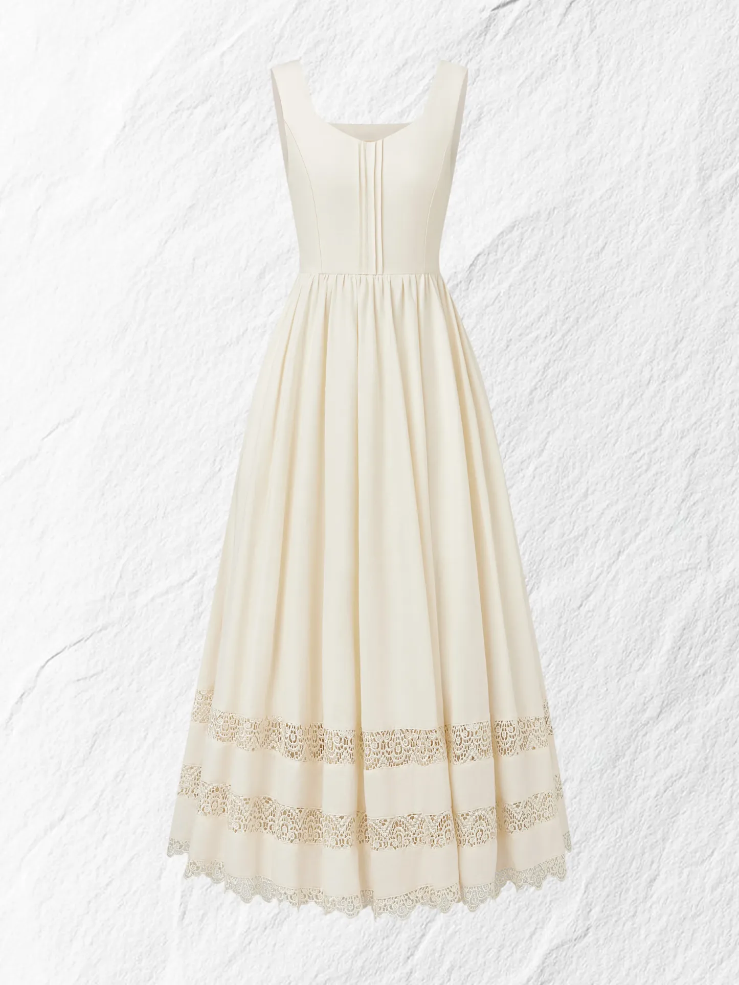 Maxi Linen Dress, Sleeveless, Sweetheart Neckline, Plain, Lace, Vintage, White - White