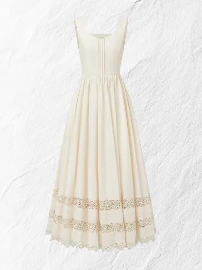 Maxi Linen Dress, Sleeveless, Sweetheart Neckline, Plain, Lace, Vintage, White - White