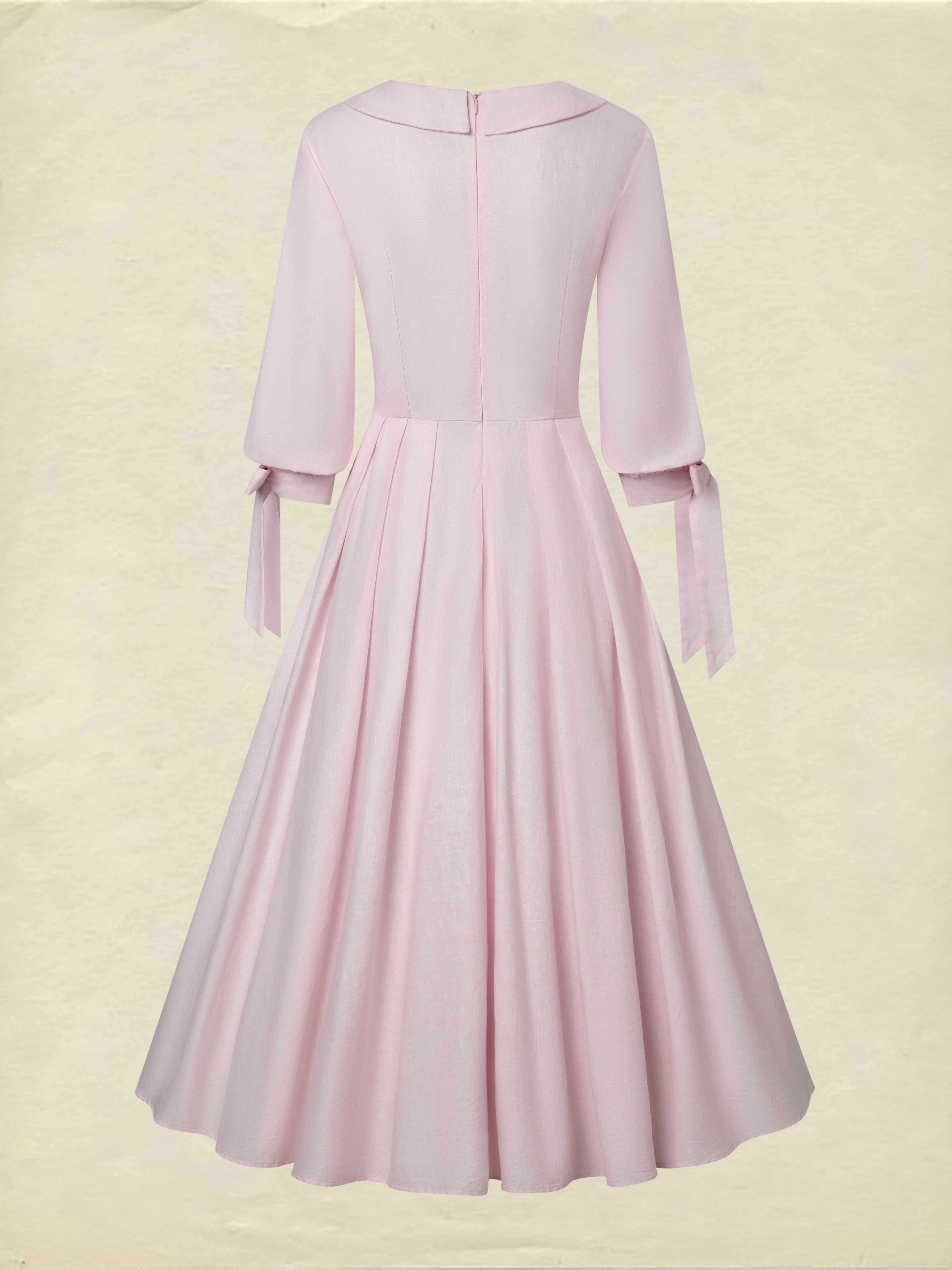 Midi Linen Dress, Half Sleeve, V Neck, Plain, Pocket Design, French Vintage, Light Pink - Light Pink