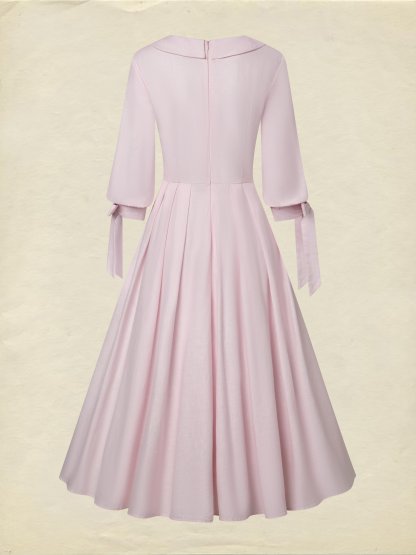 Midi Linen Dress, Half Sleeve, V Neck, Plain, Pocket Design, French Vintage, Light Pink - Light Pink