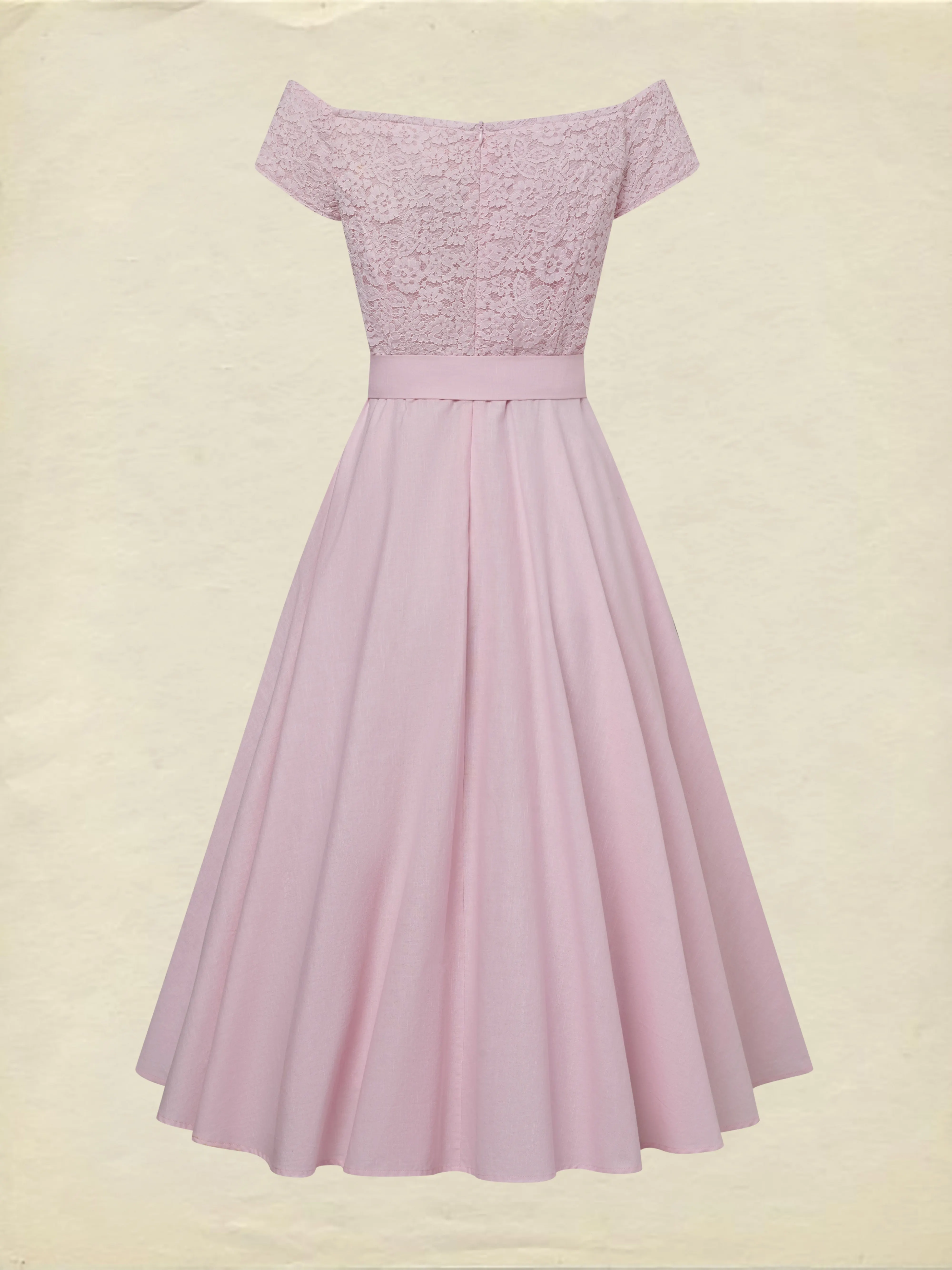 Midi Cotton Dress, Sleeveless, Off The Shoulder, Plain, Lace, French Vintage, Pink - Pink