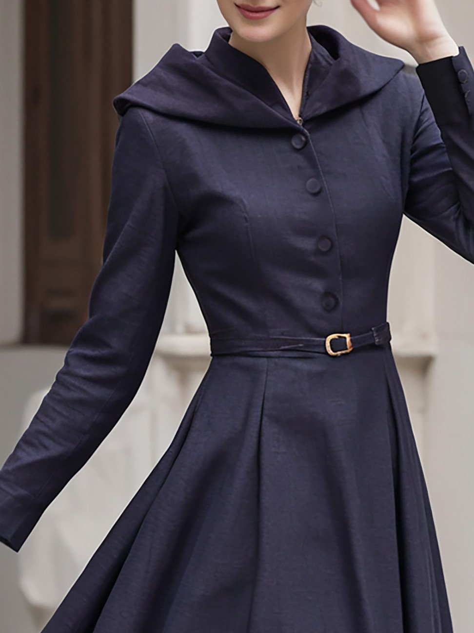 Midi Cotton Dress, Long Sleeves, Stand Collar, Floral, Button Design, Vintage, Deep Purple - Deep Purple