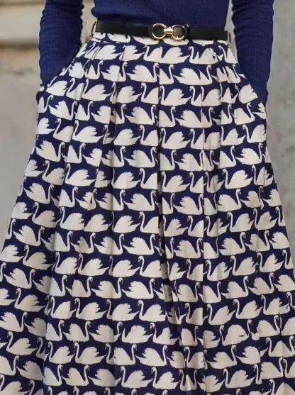 Maxi Cotton Skirt, Animal, Swan Print, Pocket Design, Vintage, Purplish Blue - Purplish Blue
