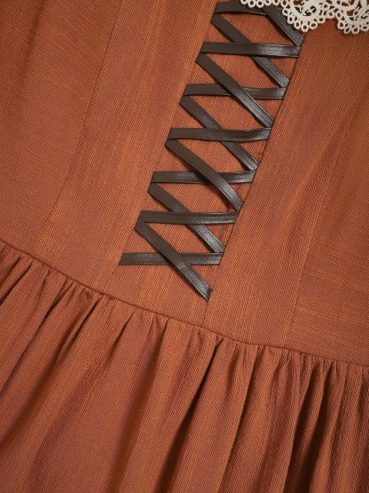 Maxi Cotton Dress, Long Sleeves, Square Neck,  Princess Line, Linen Blend, Orange - Orange