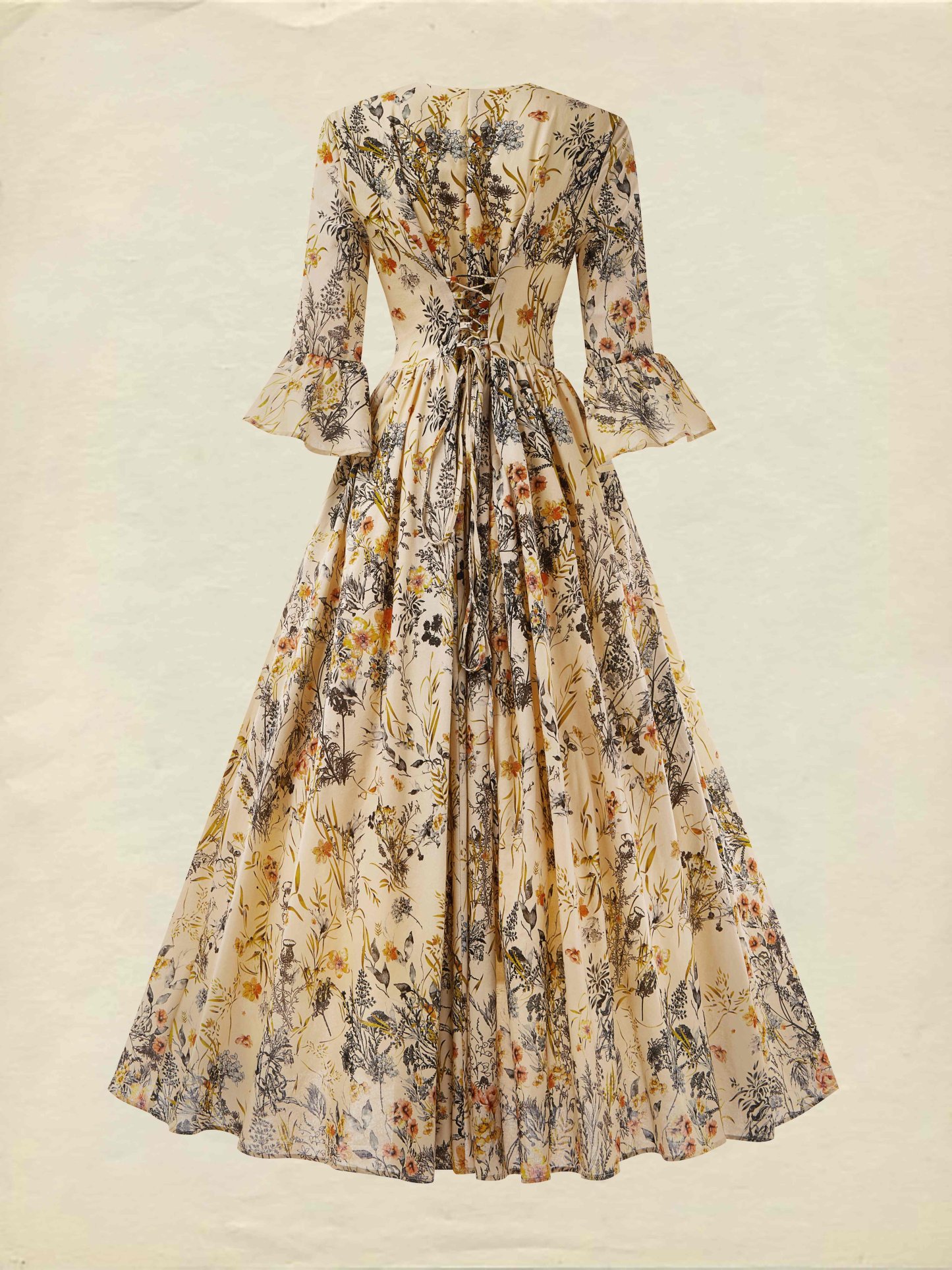 Linen Maxi Dress, Half Sleeve, V neck, Floral, Vintage, Summer - Light Khaki
