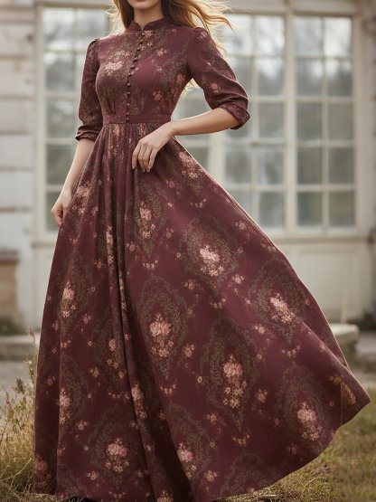 Maxi Linen Dress, Long Sleeves, Stand Collar, Floral, Button Design, Vintage, Red - Red