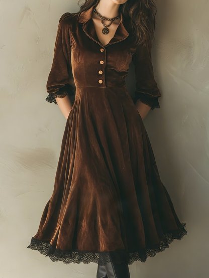 Midi Cotton Dress, Half Sleeve, Lapel Collar, Plain, Lace, Vintage, Coffee - Coffee