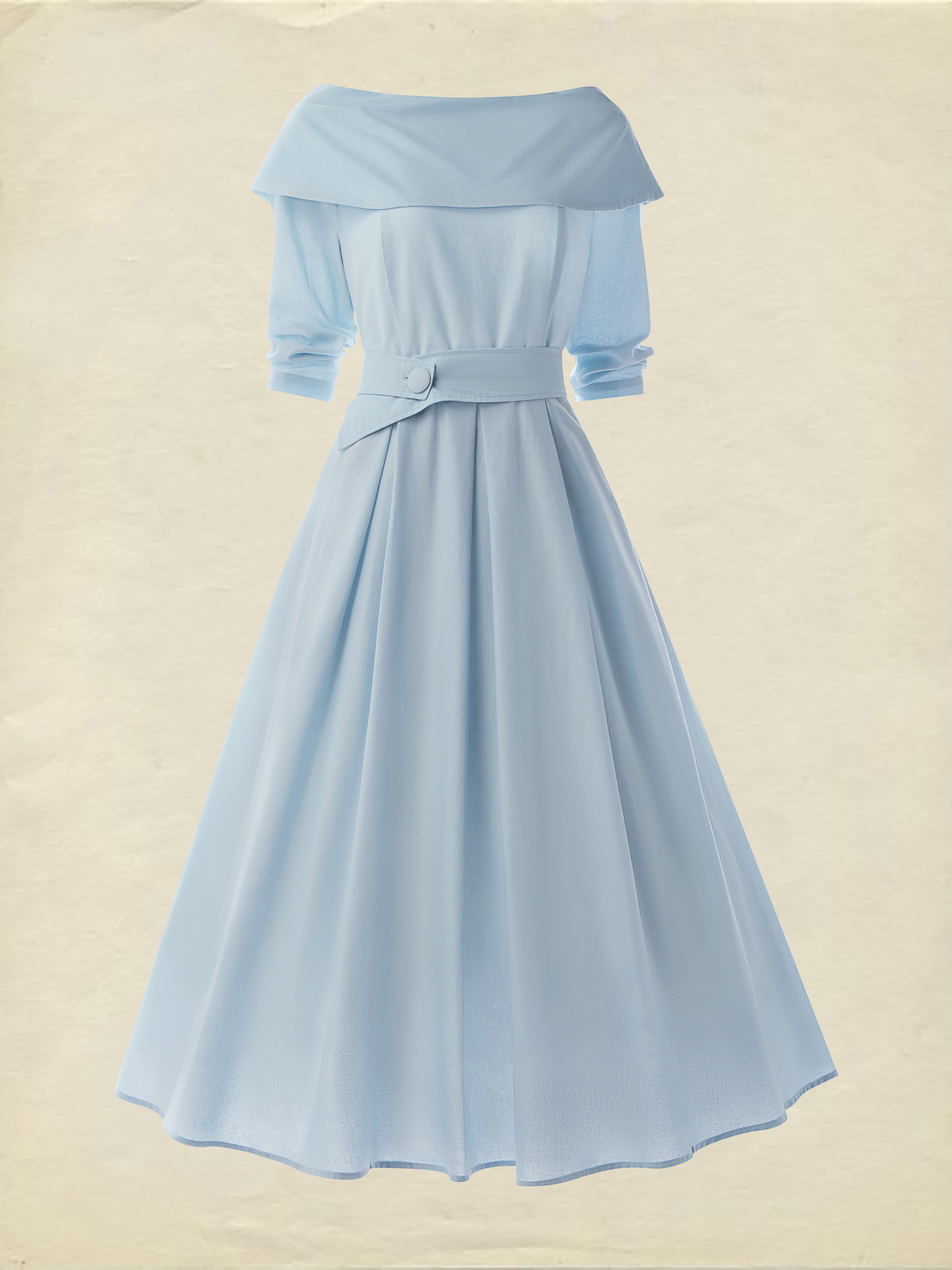 Midi Cotton Dress , Long Sleeves, Off Shoulder, Plain, Belt Design, French Vintage, Sky Blue - Sky Blue