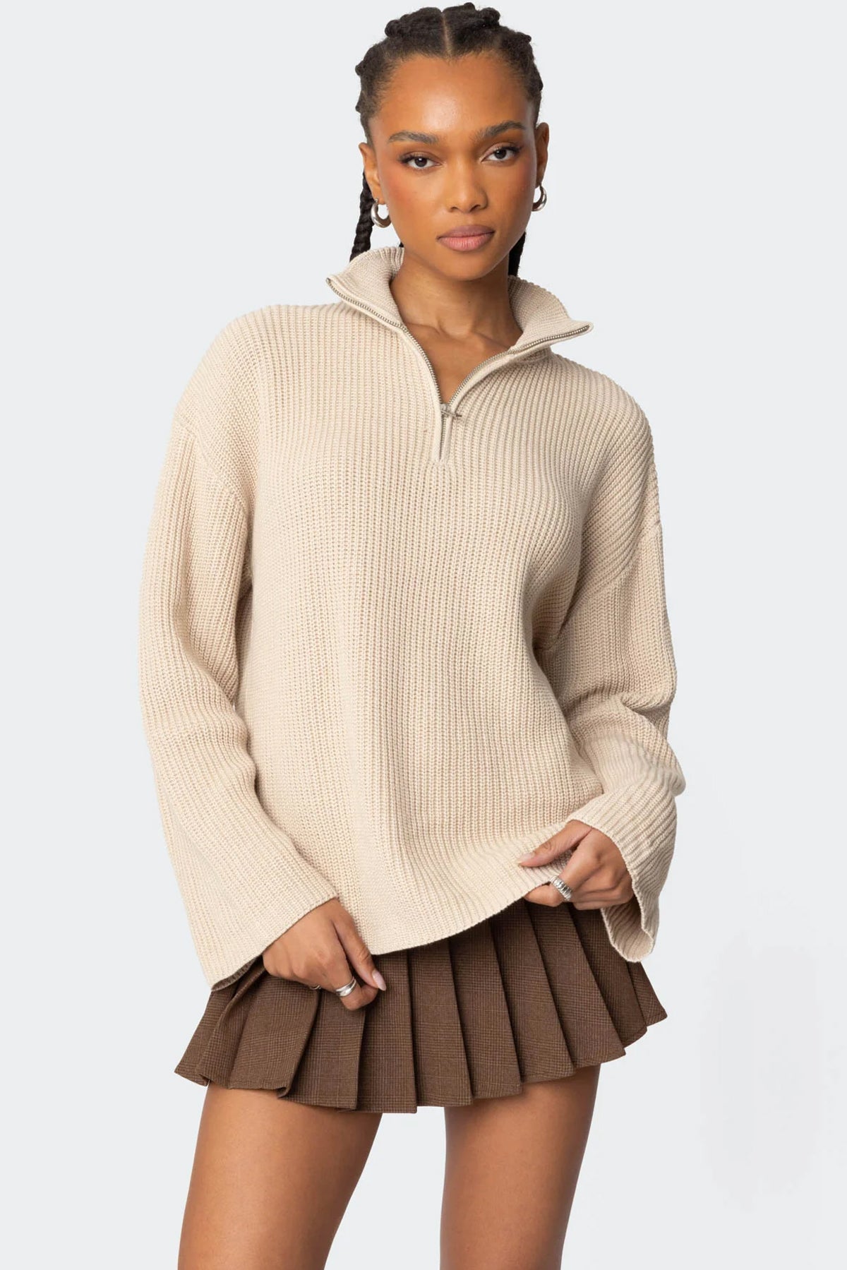 Amour High Neck Oversized Zip Sweater - BEIGE