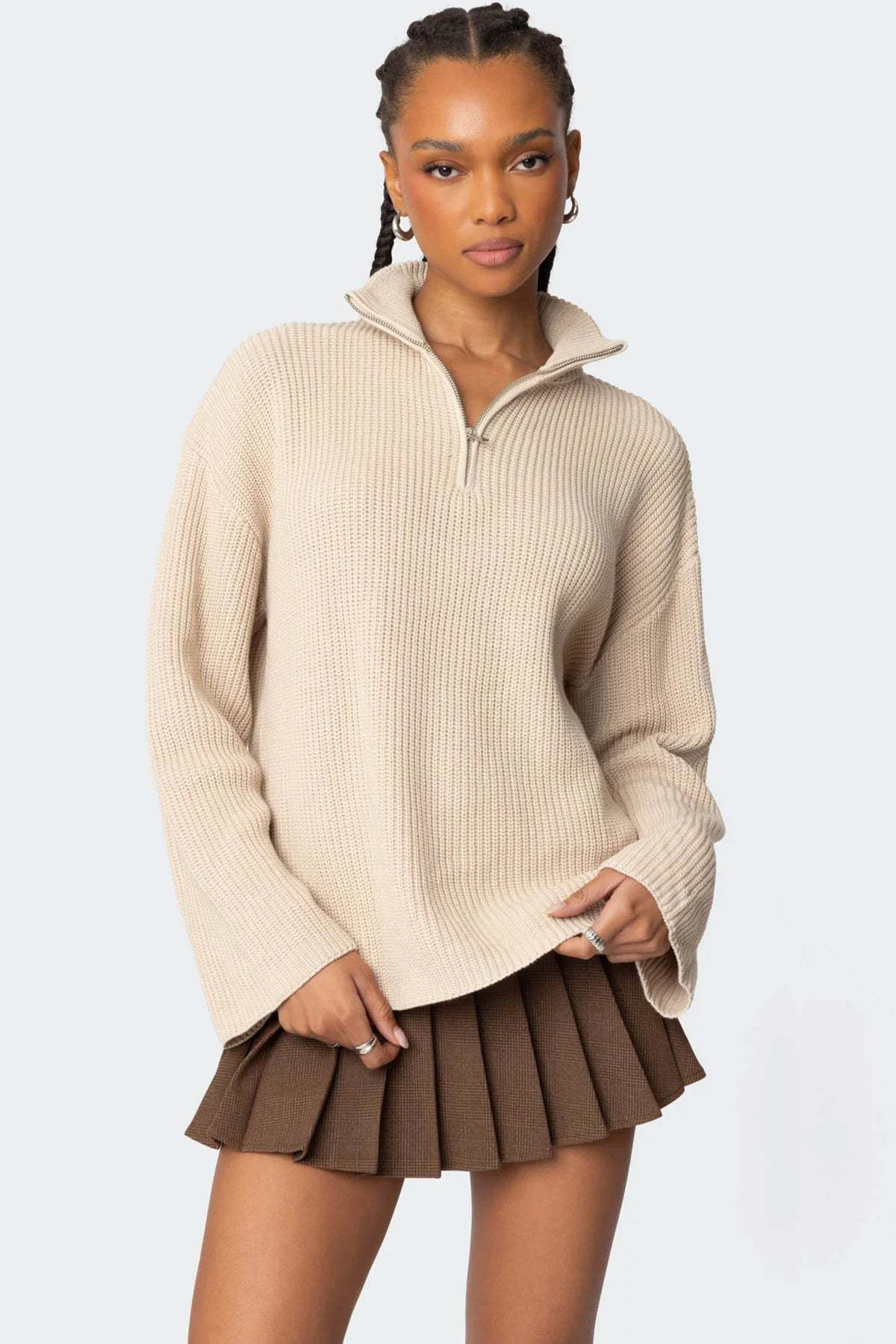 Amour High Neck Oversized Zip Sweater - BEIGE