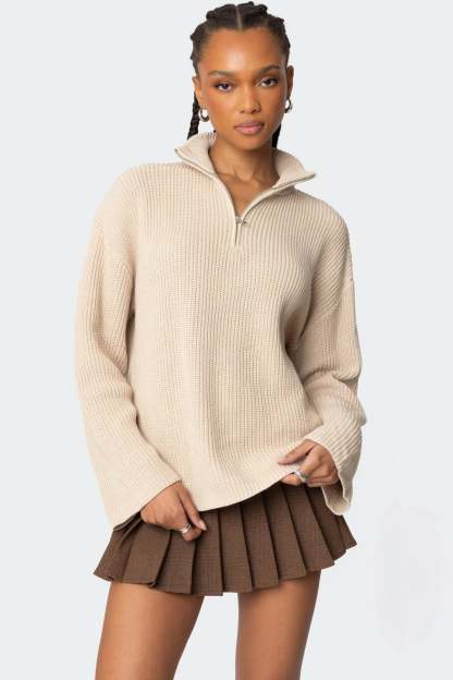 Amour High Neck Oversized Zip Sweater - BEIGE