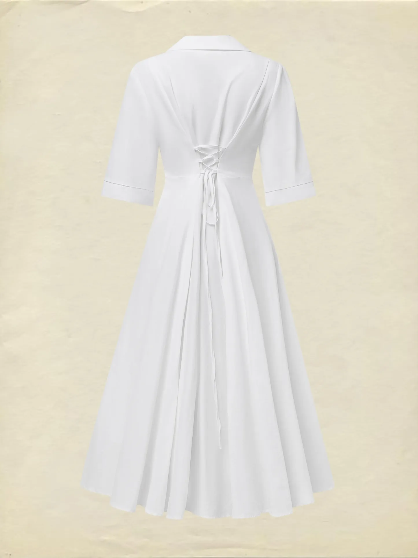 Linen Maxi Dress, Half Sleeve, Shawl Collar, Plain, Vintage, White - White