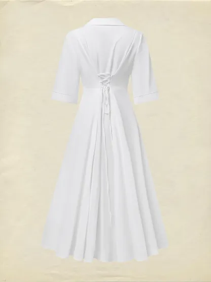 Linen Maxi Dress, Half Sleeve, Shawl Collar, Plain, Vintage, White - White