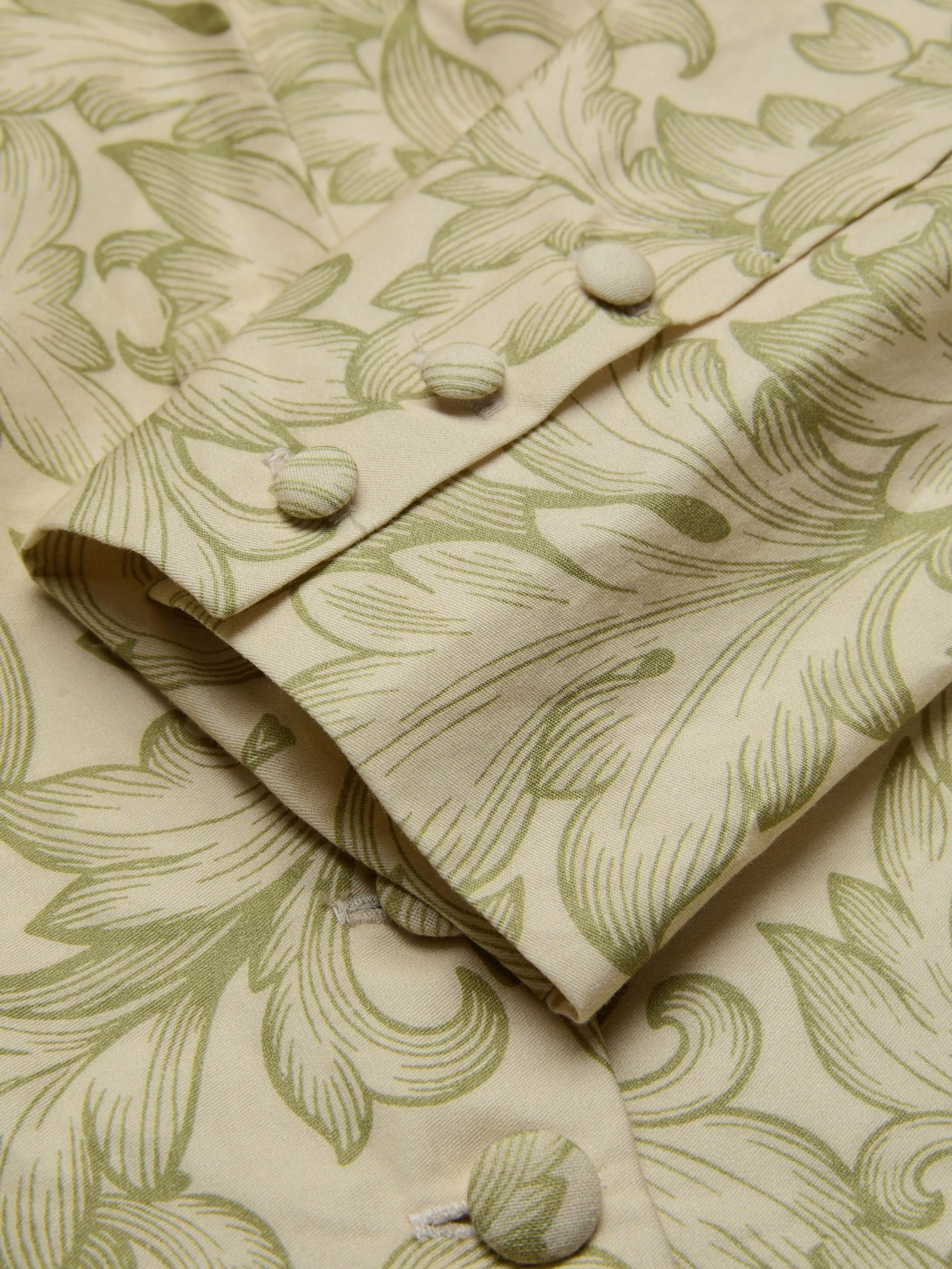 Midi Cotton Skirt Set, Long Sleeves, V Neck, Leaf, Plants, Button Design, Vintage, Light Khaki - Light Khaki