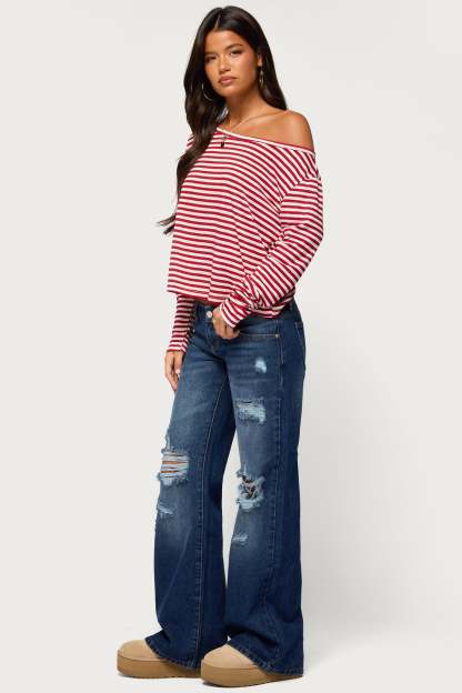 Kathee Striped Off Shoulder Top - RED-AND-WHITE