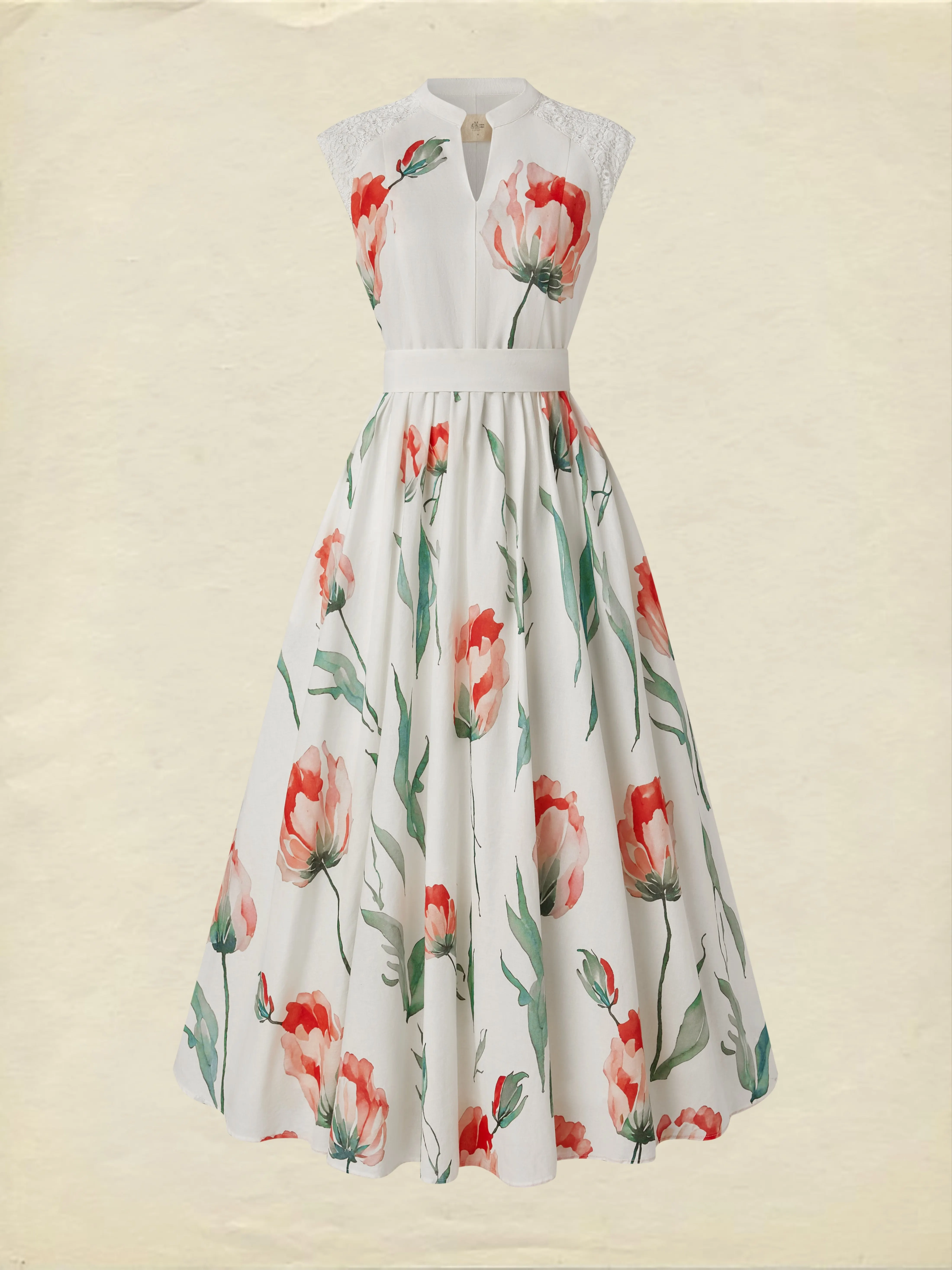 Maxi Linen Dress , Sleeveless, V Neck, Floral, Lace, Vacation, Vintage, Coral - Coral