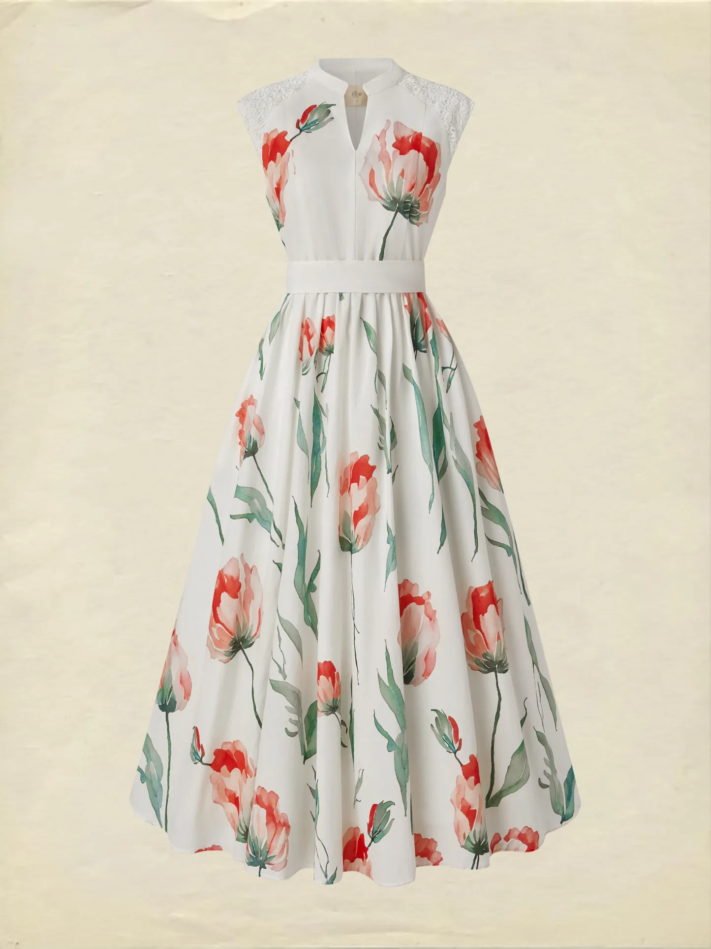 Maxi Linen Dress , Sleeveless, V Neck, Floral, Lace, Vacation, Vintage, Coral - Coral