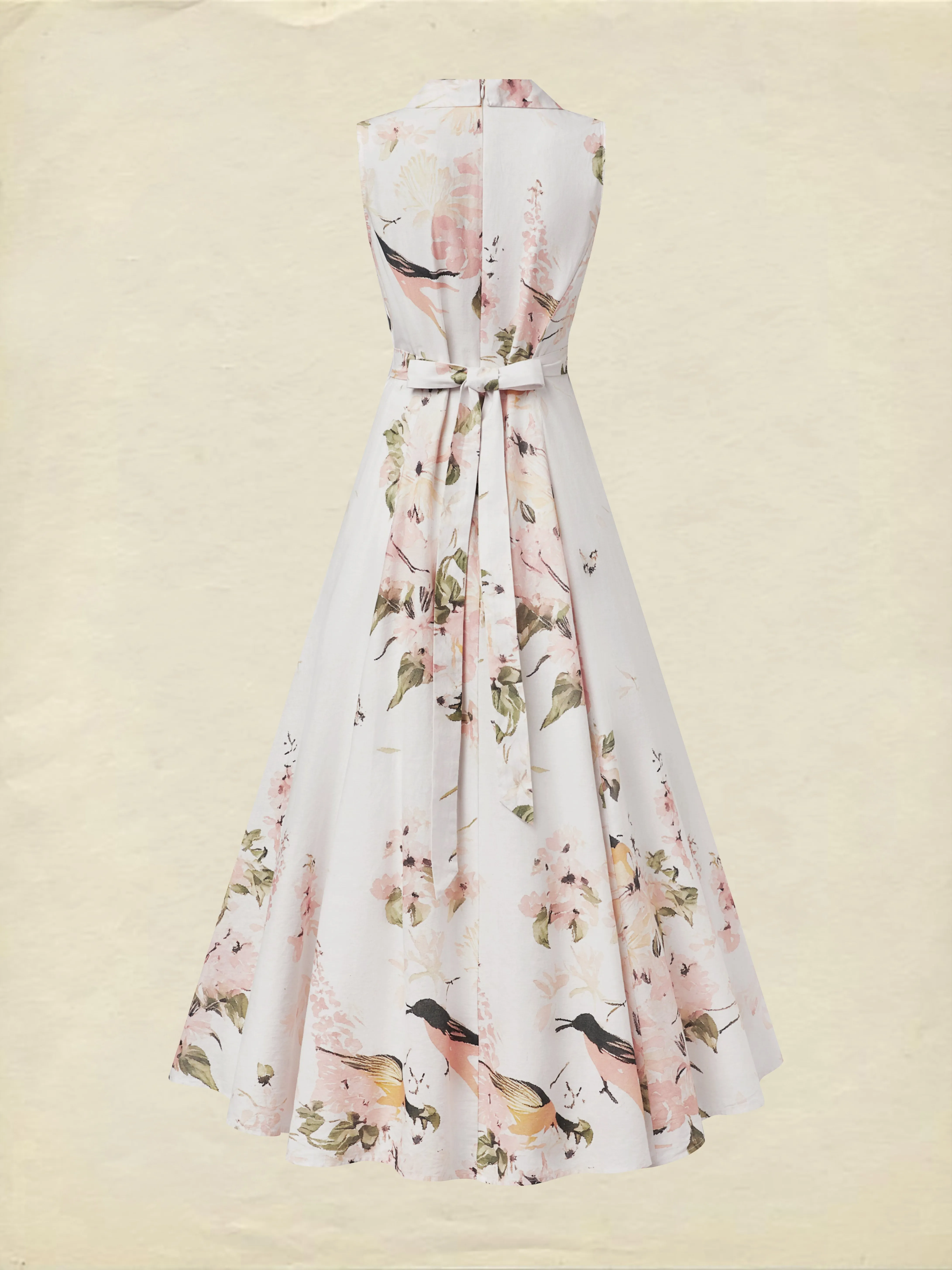 Maxi Linen Dress, Shawl Collar, Button Down, Cottagecore, Sleeveless, Linen Blend, White, plant print - White
