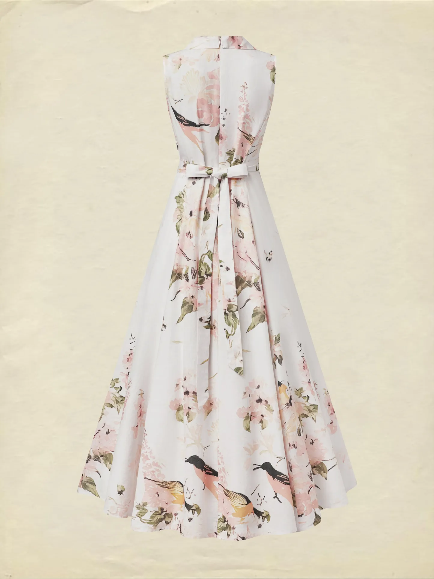 Maxi Linen Dress, Shawl Collar, Button Down, Cottagecore, Sleeveless, Linen Blend, White, plant print - White