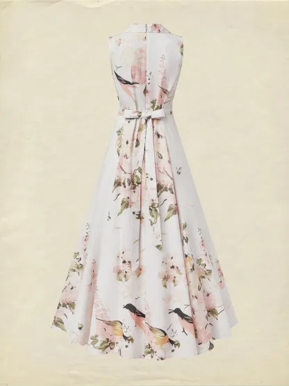 Maxi Linen Dress, Shawl Collar, Button Down, Cottagecore, Sleeveless, Linen Blend, White, plant print - White