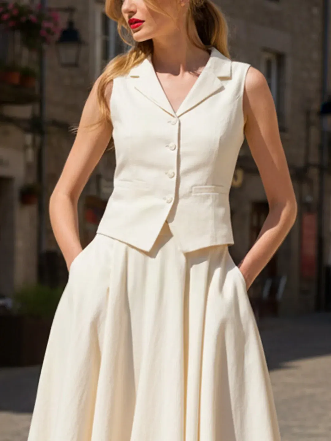 Linen Vest, Sleeveless, Shawl Collar, Plain, Button Design, Vacation, Vintage, White - White