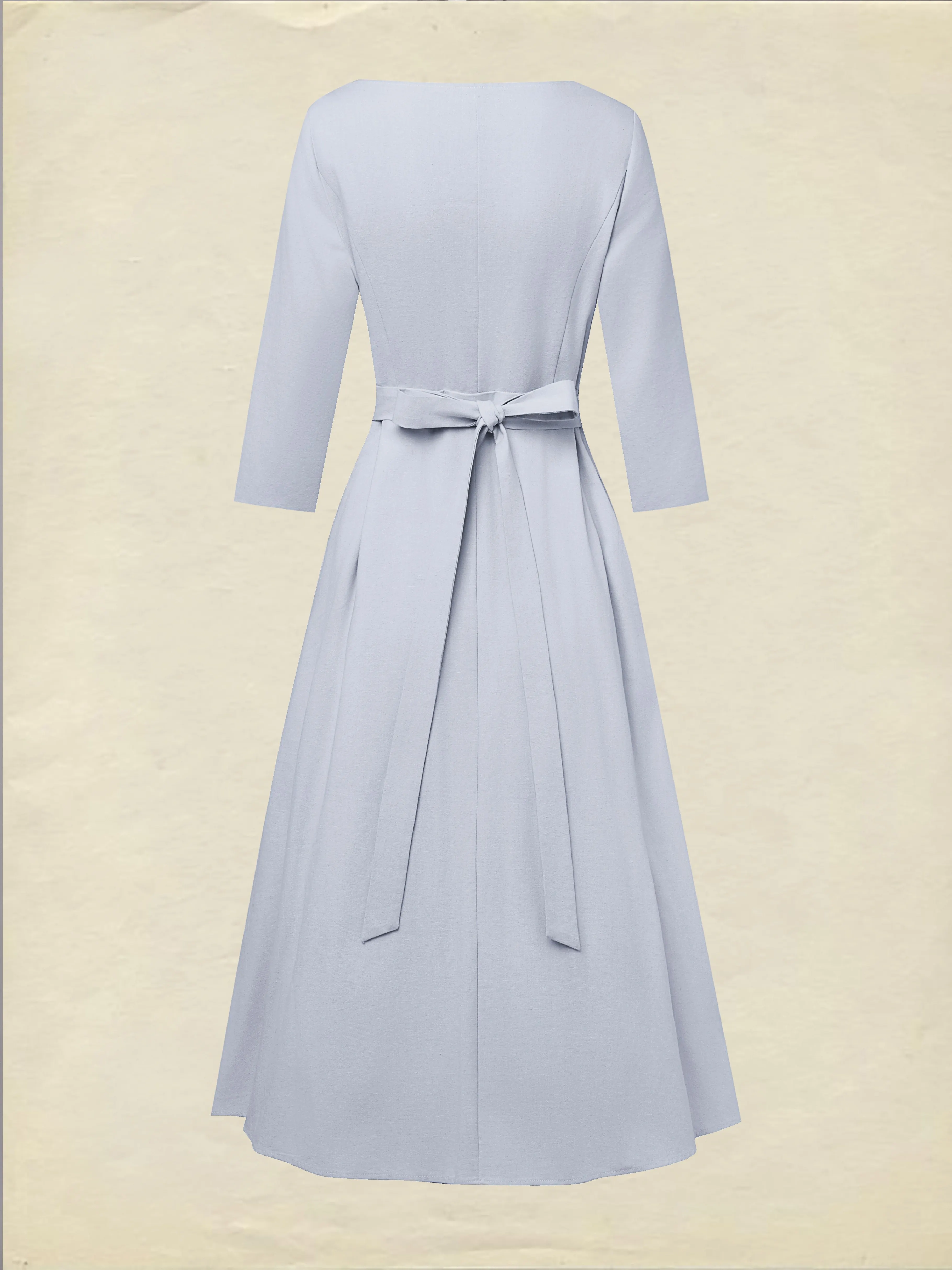 Midi Linen Dress, Half Sleeve, Shawl Collar, Plain, Button Design, French Vintage, lavender - lavender