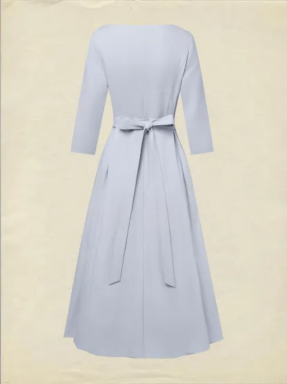 Midi Linen Dress, Half Sleeve, Shawl Collar, Plain, Button Design, French Vintage, lavender - lavender