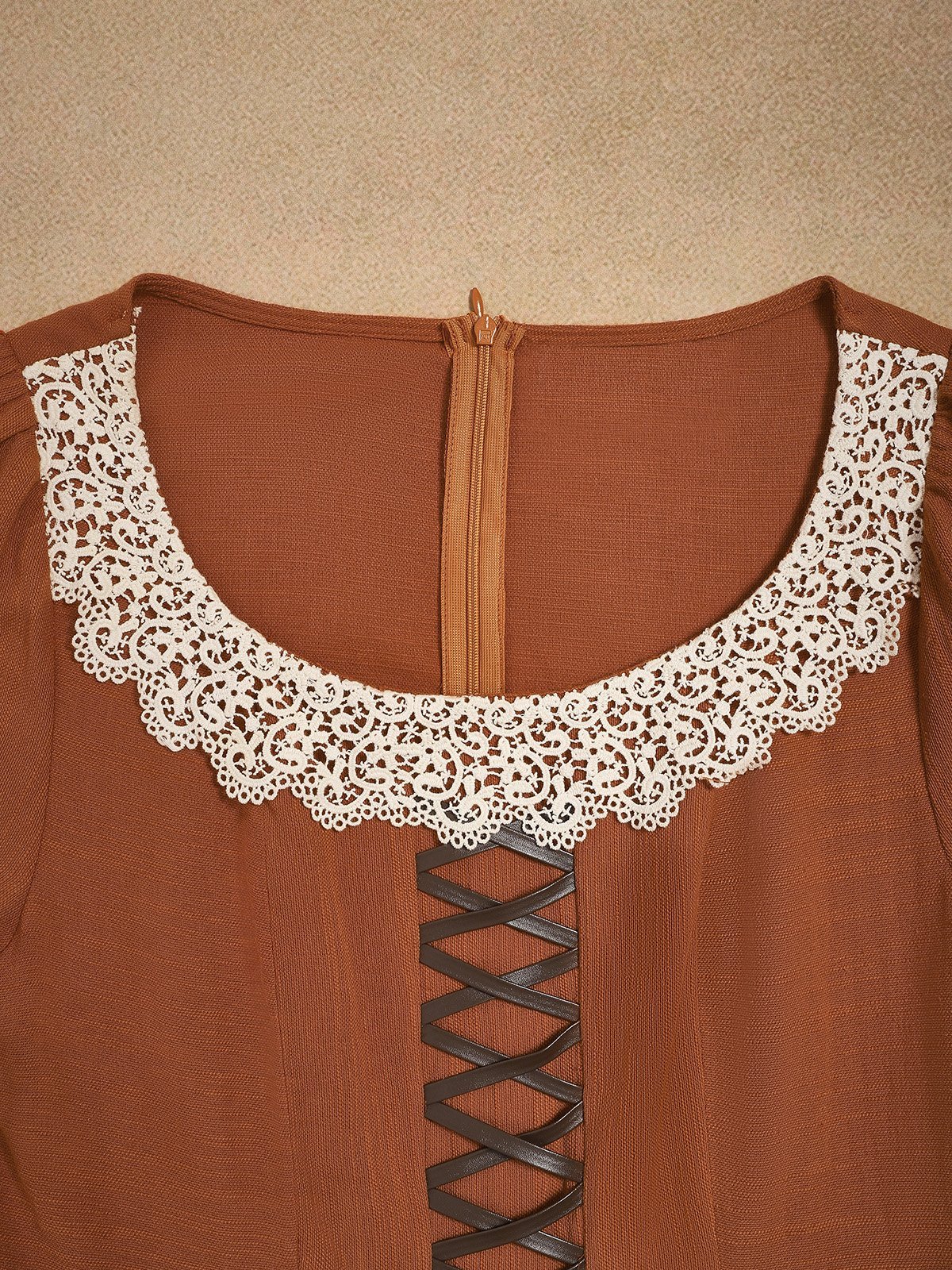 Maxi Cotton Dress, Long Sleeves, Square Neck,  Princess Line, Linen Blend, Orange - Orange