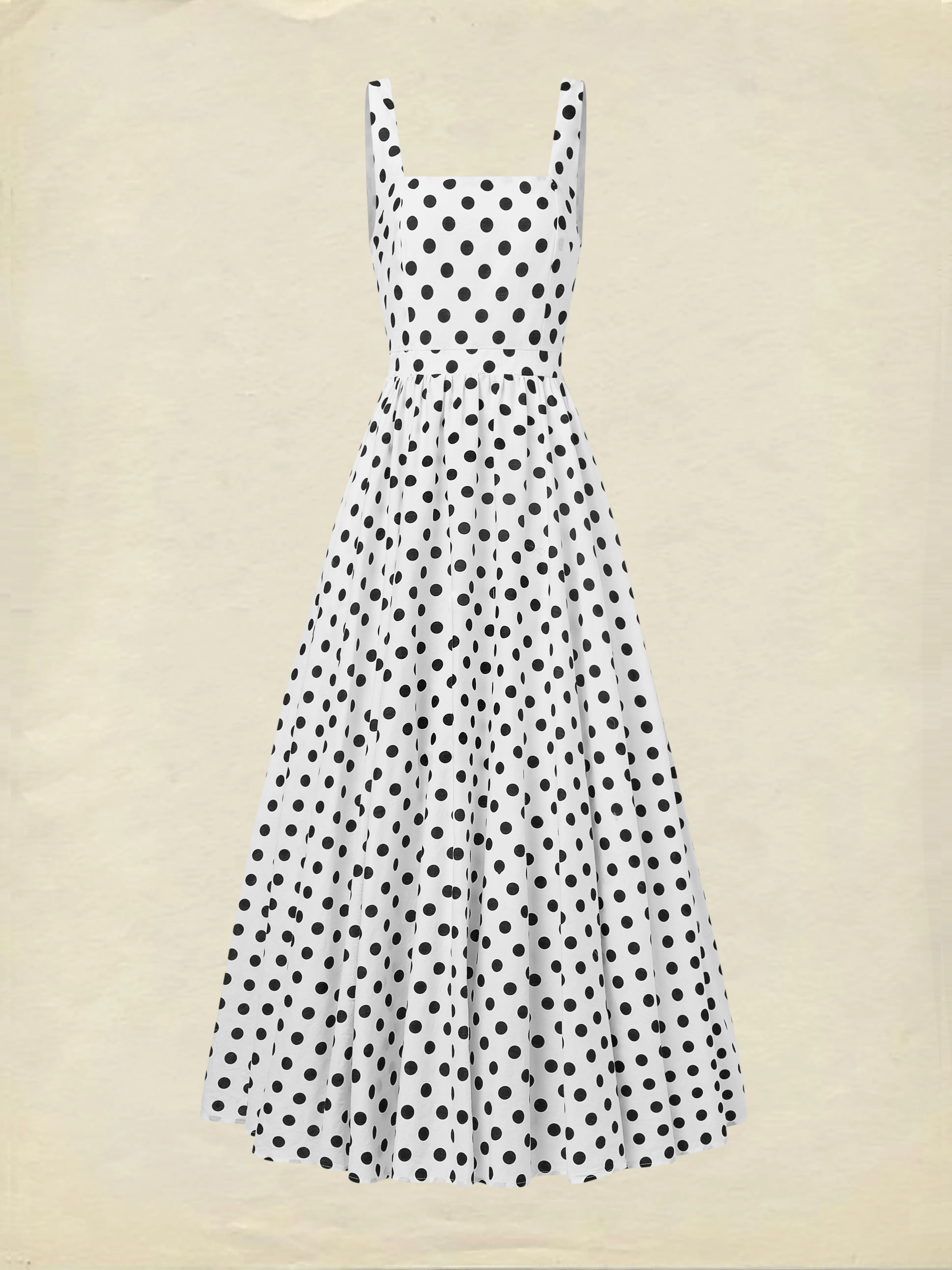 Maxi Cotton Dress , Sleeveless, Square Neck, Polka Dots, Suspenders, Vintage, White - White