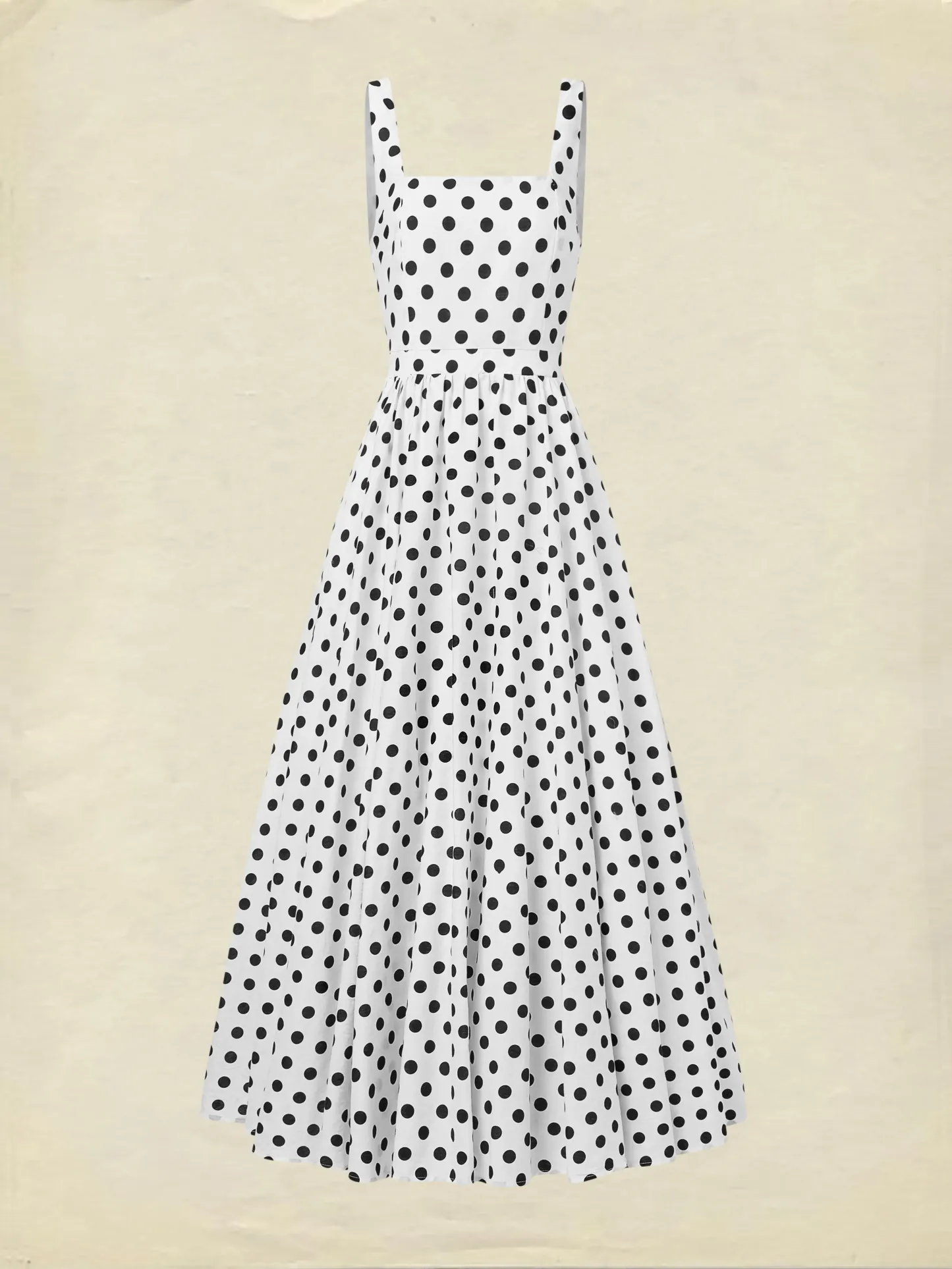 Maxi Cotton Dress , Sleeveless, Square Neck, Polka Dots, Suspenders, Vintage, White - White