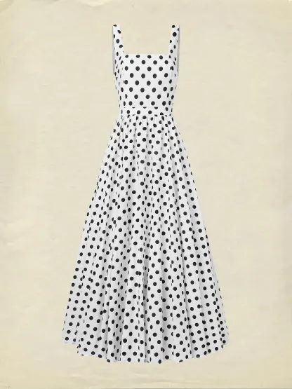 Maxi Cotton Dress , Sleeveless, Square Neck, Polka Dots, Suspenders, Vintage, White - White
