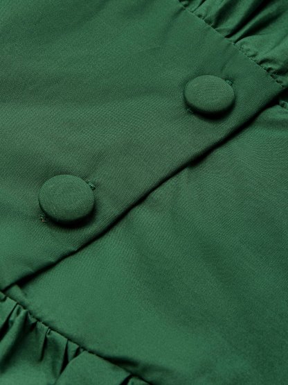 Cotton Maxi Dress, Balloon Sleeve, V neck, Plain, Vintage, Dark Green - Dark Green