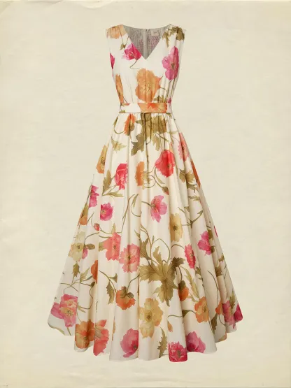 Maxi Cotton Dress, Sleeveless, V Neck, Floral, Belt Design, Vacation, Vintage, Apricot - Apricot