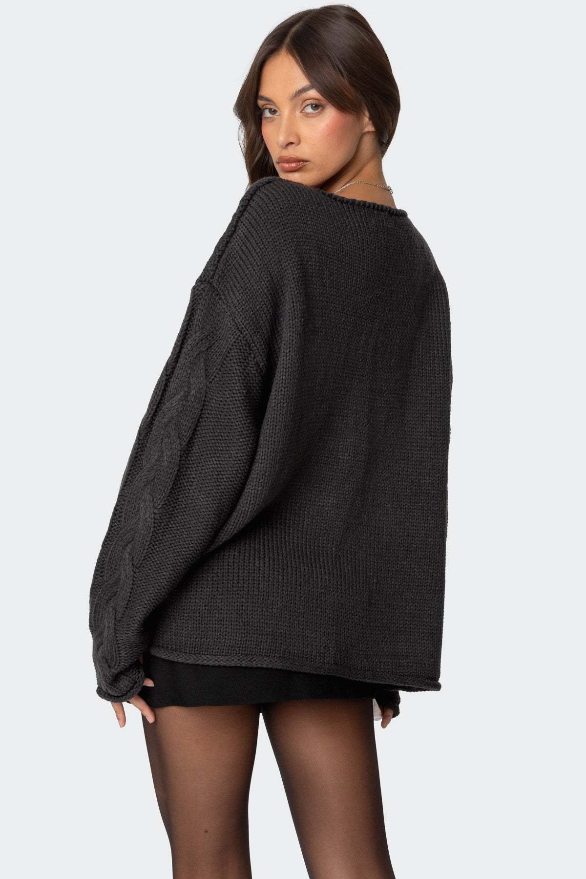 Inga Oversized Cable Knit Sweater - DARK GRAY
