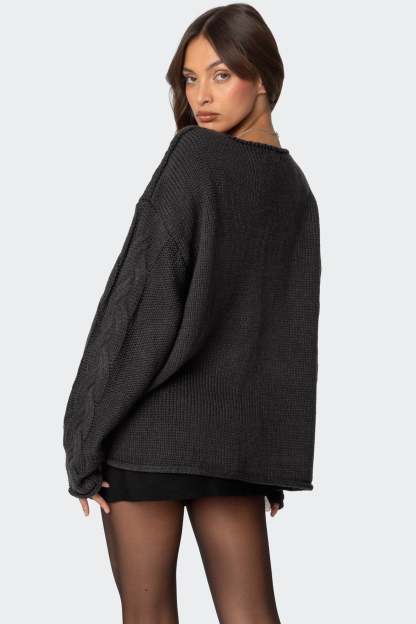 Inga Oversized Cable Knit Sweater - DARK GRAY