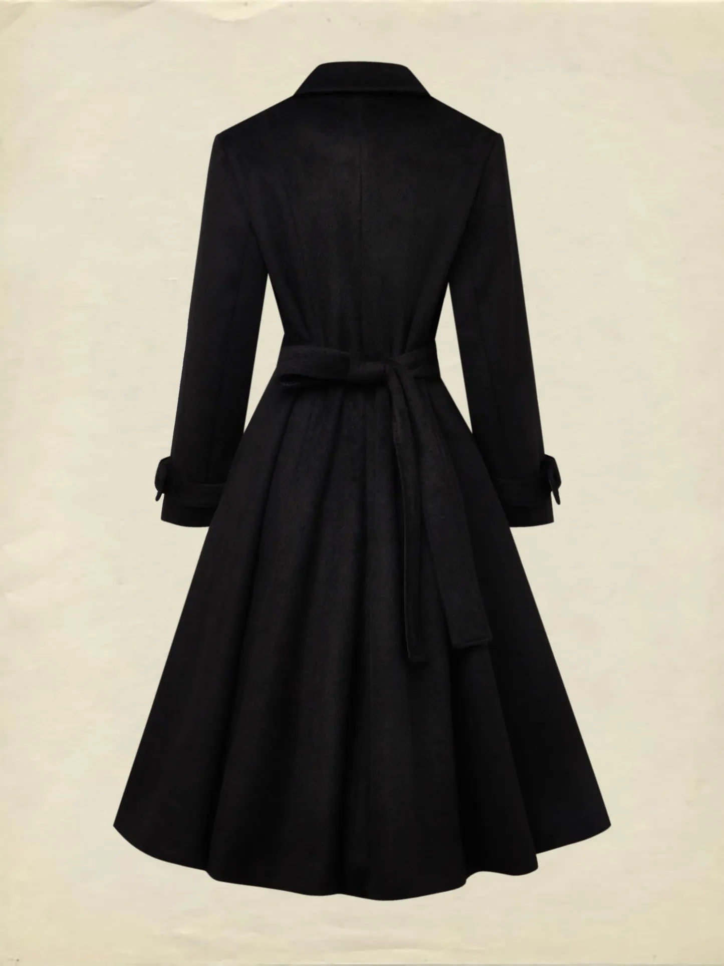 Wool Trench Coat, Long Sleeves, Lapel Collar, Plain, Button Design, Vintage, Black - Black