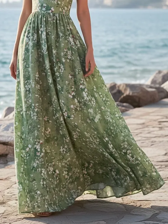 Maxi Linen Dress, Sleeveless, V Neck, Floral, Lace, Vacation, Vintage, Green - Green