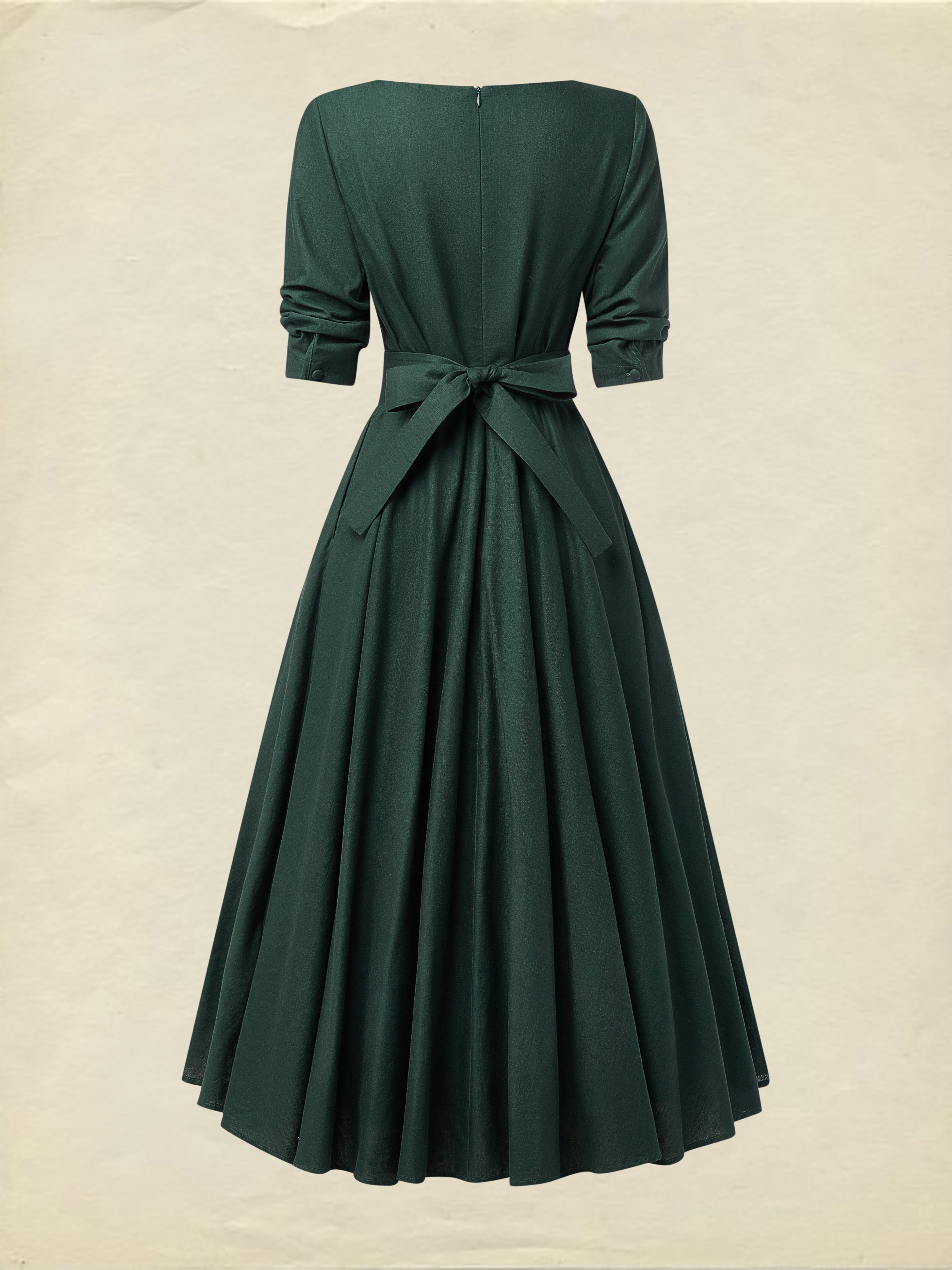 Midi Linen Dress , Half Sleeve, Sweetheart Neck, Plain, Vintage, Deep Green - Deep Green