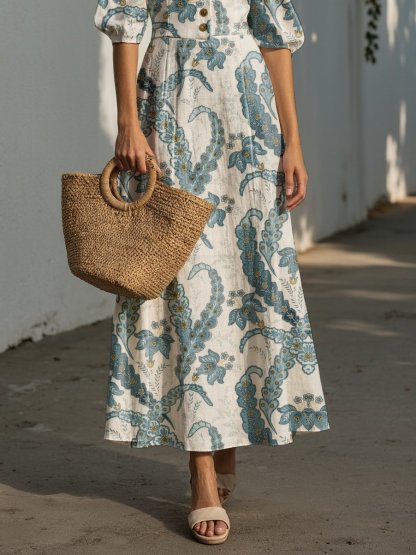 Maxi Linen Dress, Half Sleeve, Shawl Collar, Paisley, Button Design, Vacation, Vintage, White - White