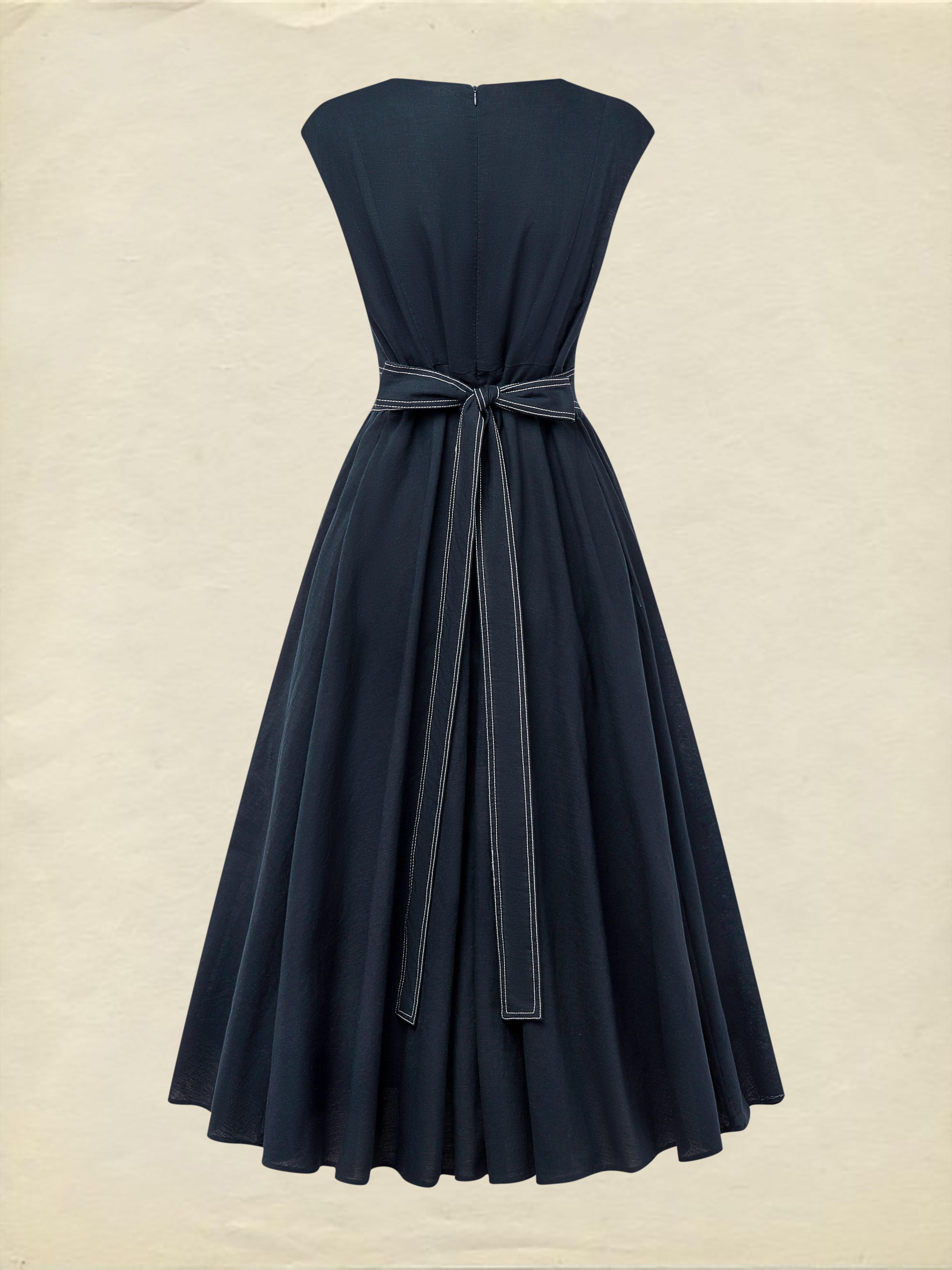 Maxi Linen Dress, Cap Sleeves, Crew Neck, Plain, Pocket Design, French Vintage, Blue - Blue