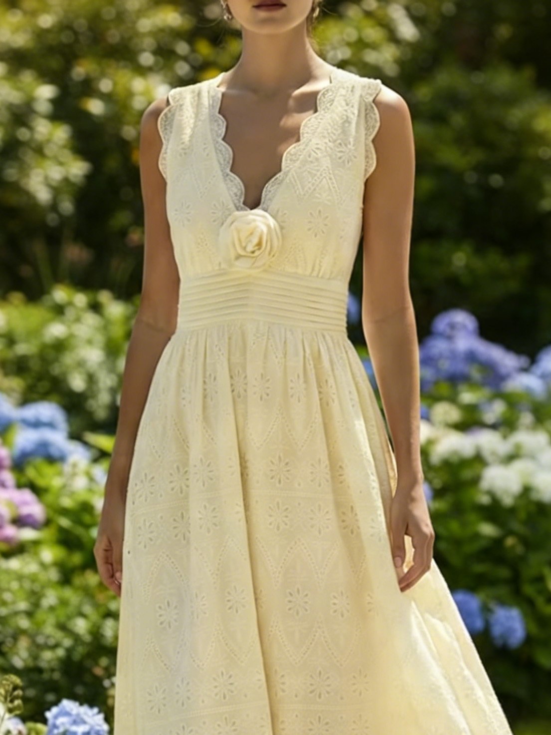 Maxi Cotton Dress, Sleeveless, V Neck, Plain, Lace, Vintage, White - Light Yellow