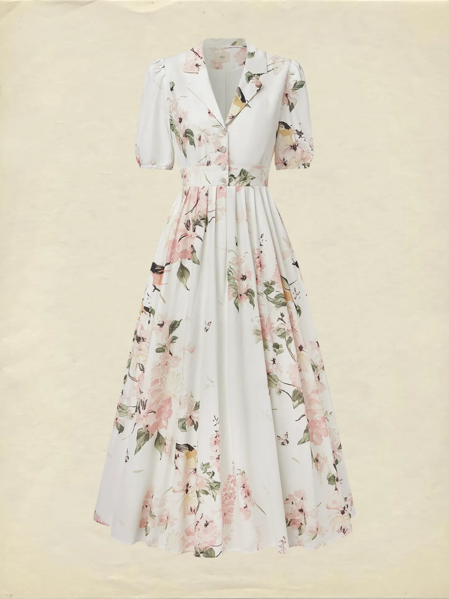 Linen Maxi Dress, Balloon Sleeve, Shawl Collar, Floral, Vintage, White - White