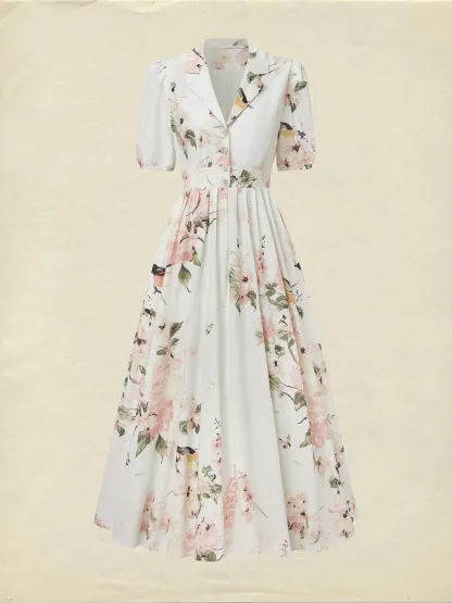 Linen Maxi Dress, Balloon Sleeve, Shawl Collar, Floral, Vintage, White - White